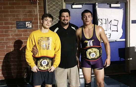 Tiger Coach Marcio Botelho with Gary Joint (left) and Angel Solis (right). Both won championships at the 5 Counties tournament.